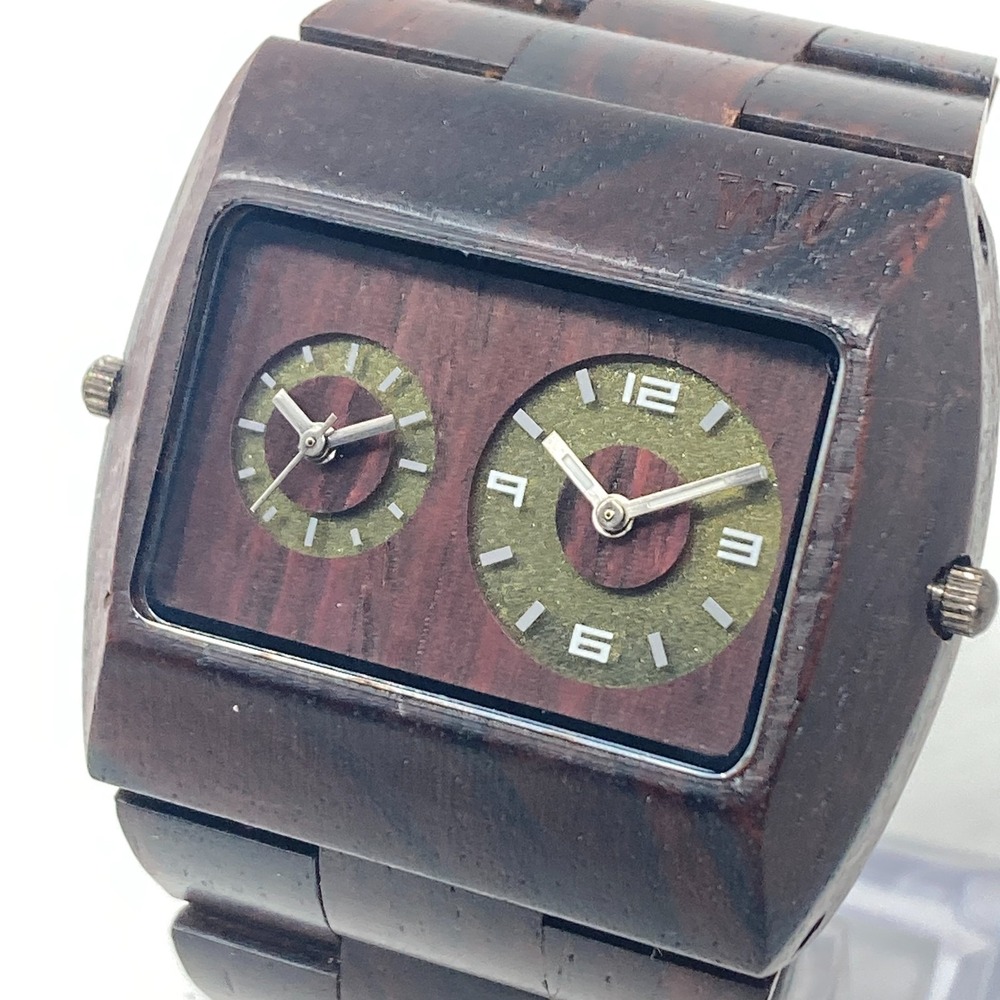 WeWood Watch Men 48mm Brown Wood Dual Time Jupiter Dial New Battery 7"